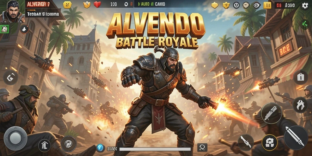 Tangkapan layar gameplay <strong>ALVENDO</strong> menampilkan pertempuran seru di medan perang Battle Royale.