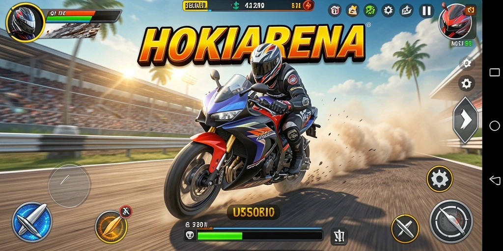 Screenshot gameplay HOKIARENA menampilkan balapan motor yang seru dan menegangkan.