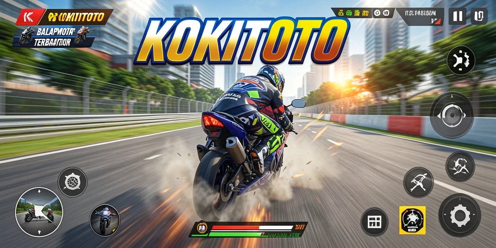 Gameplay KOKITOTO yang mendebarkan dengan balapan motor cepat.