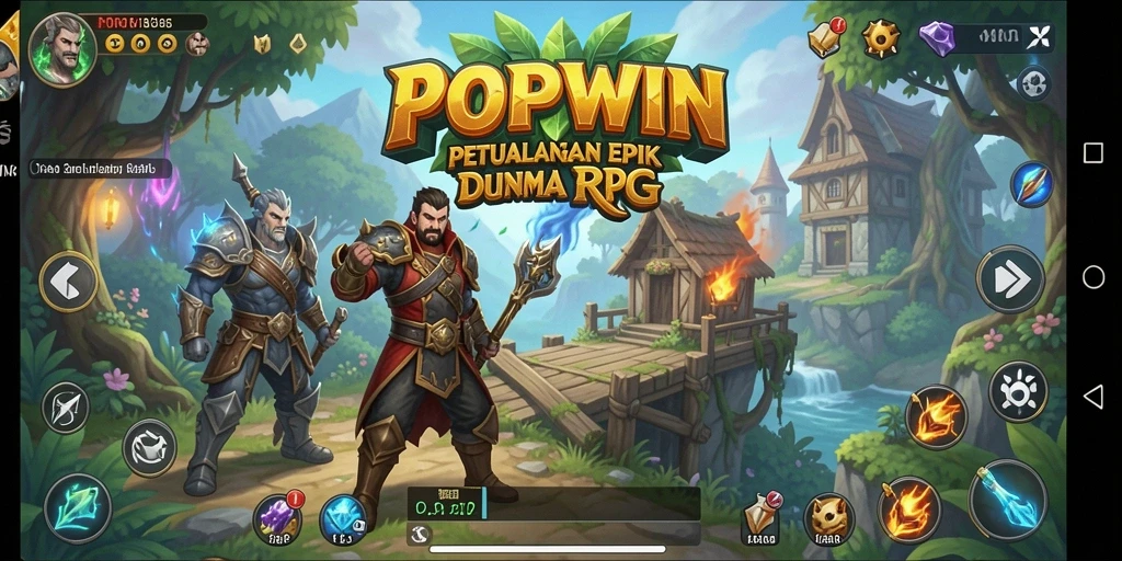 Screenshot utama POPWIN menunjukkan pertarungan seru antara karakter dalam game RPG.